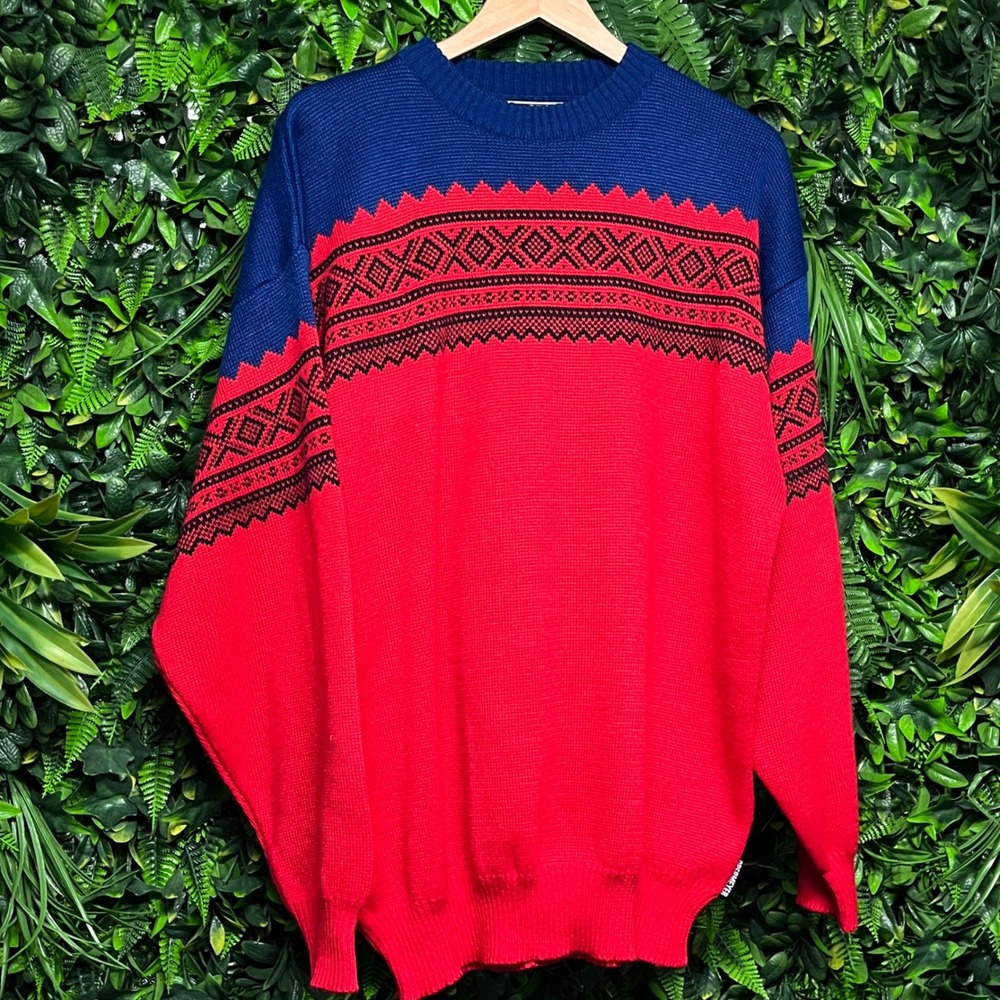 Vintage Obermeyer Thor Mens Large Wool Blend Fair Isle Ski Sweater Red Blue 3702